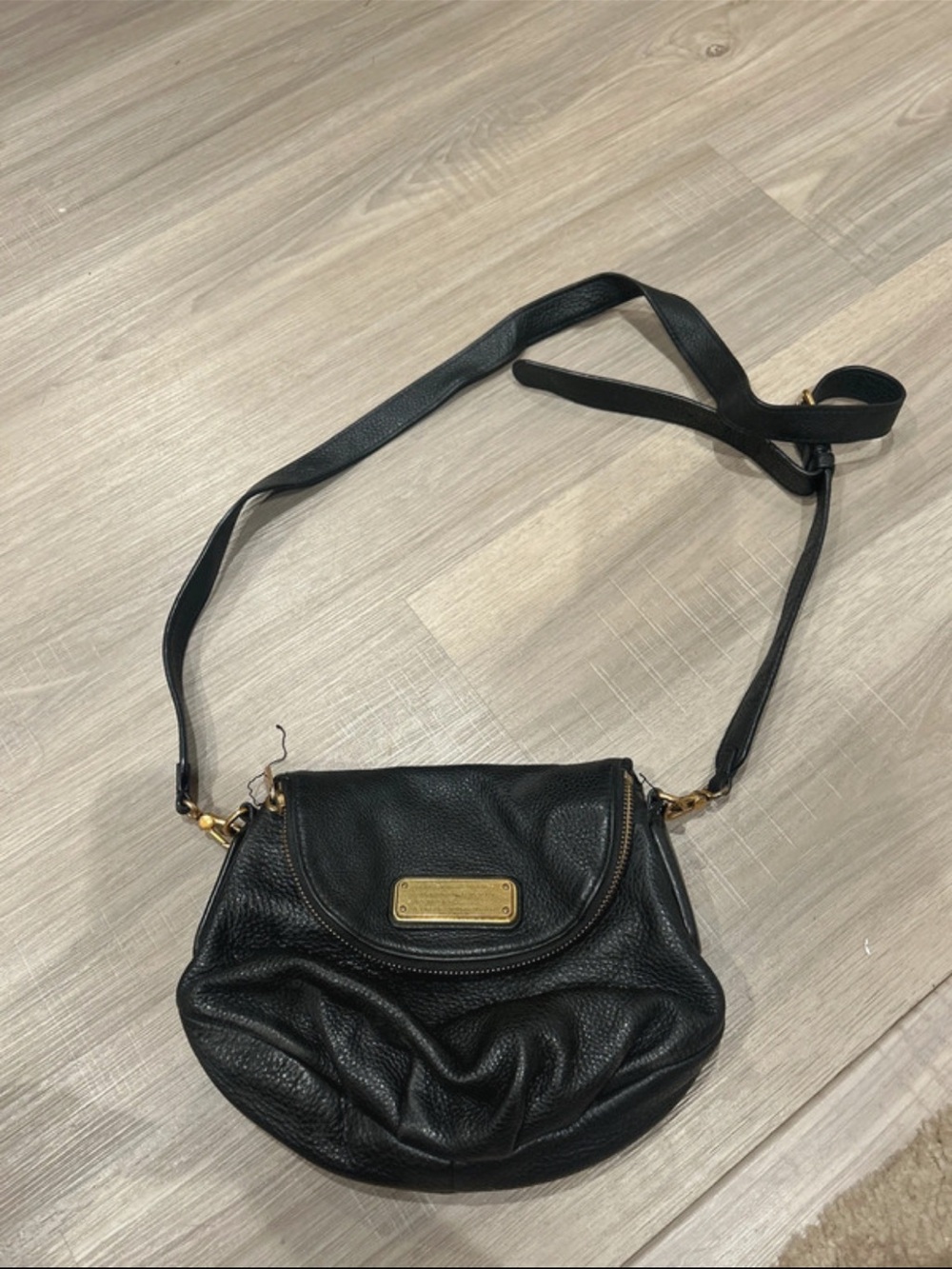 Marc by Marc Jacobs Black Leather Crossbody with Gold Plaque Accent